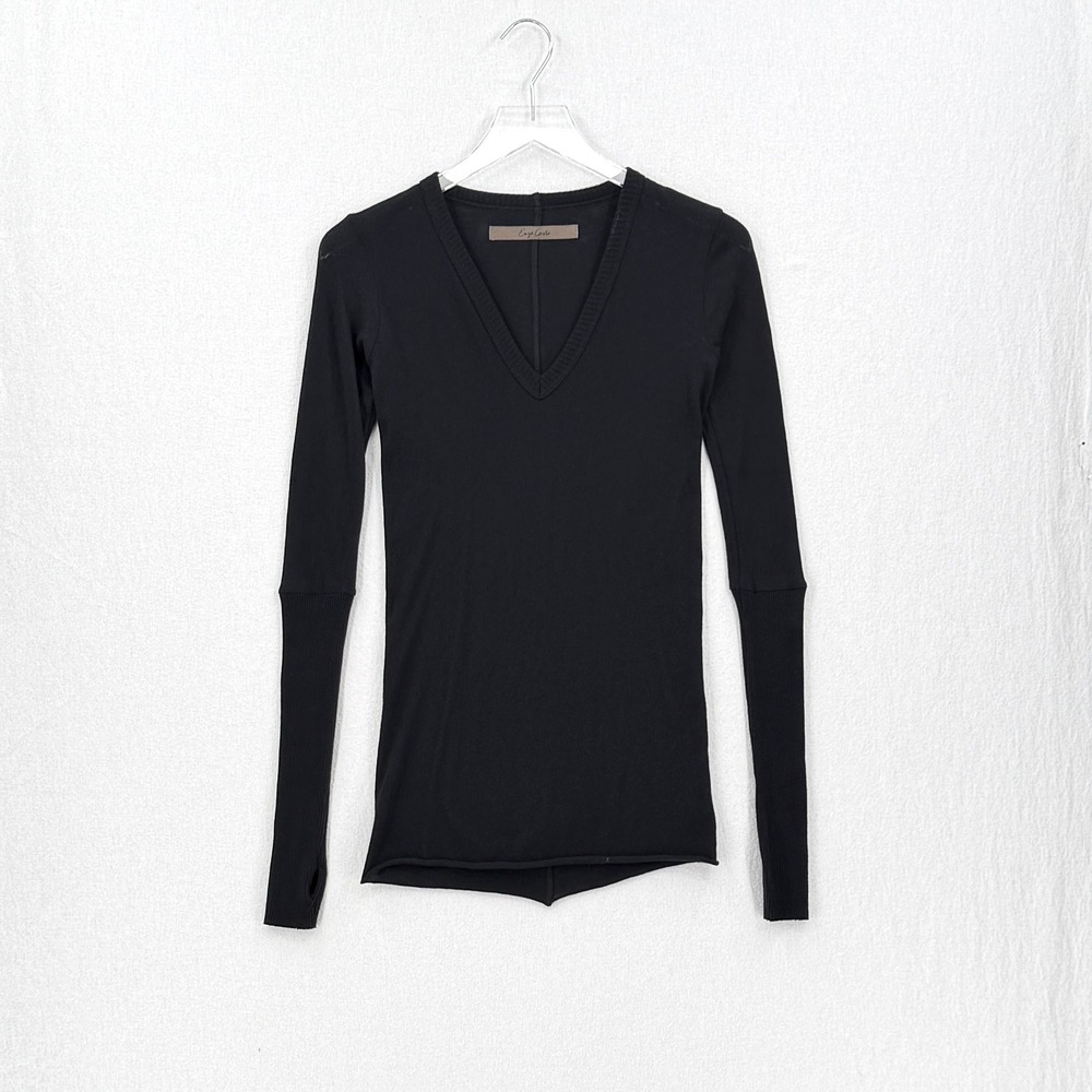 ENZA COSTA Cashmere Cuffed V Neck Top Womens Small Black Long Sleeve Luxury - Picture 3 of 15